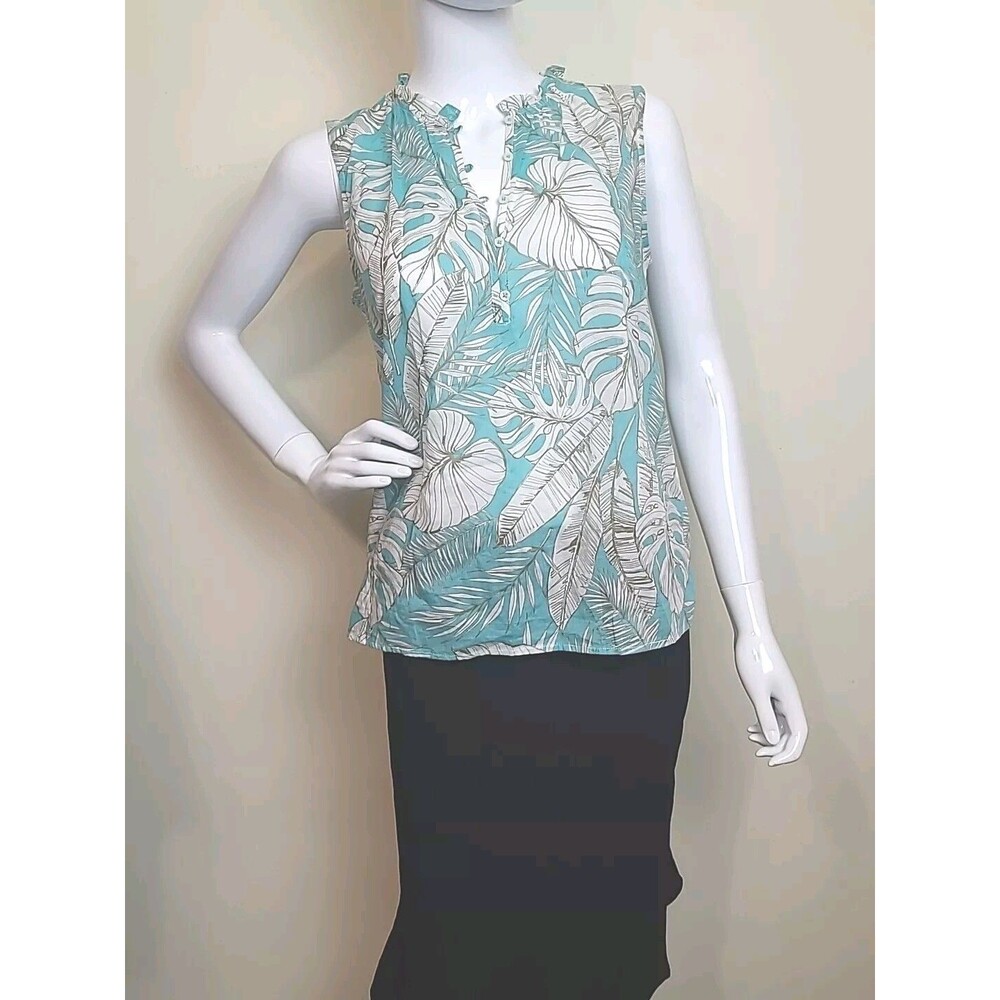 Talbots Sleeveless  Semi Sheer Tropical V Neck Top Petite Small Tags Attached
